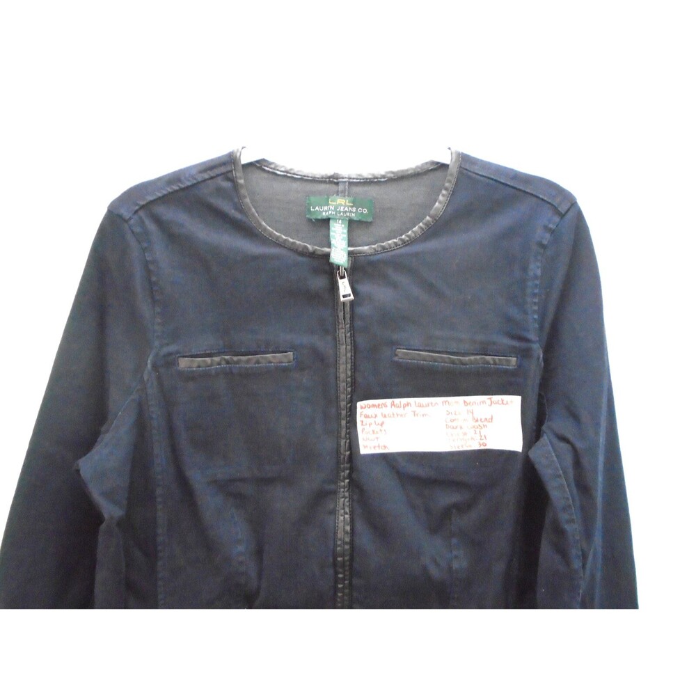 Ralph Lauren Womens Denim Biker MOTO Jacket Size 14 Dark Wash Faux Leather Trim - Picture 2 of 10